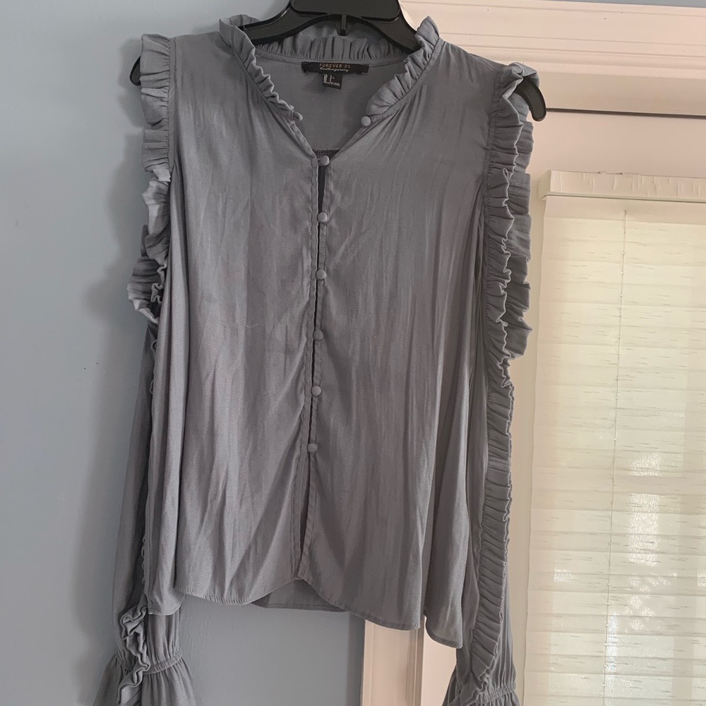 Grey/Blue cold shoulder ruffle blouse